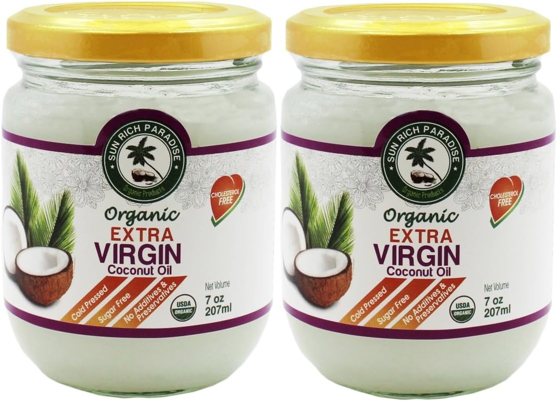 Sun Rich Organic Extra Virgin Coconut Oil (2 Pack of 7 oz) Glass Jar | Cold Pressed, Unrefined, USDA-Certified | Kosher and Vegan Friendly, Bonus- ebook included