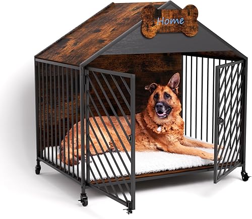 Miniatura 8 de Jaula para perros con diseño de techo a dos aguas, puertas de doble bloqueo para perros pequeños y medianos, jaula para perros a prueba