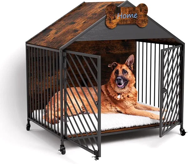 HEAHOLD Heavy Duty Dog Crate Furniture for Large Breed - 39.4" Chew-Proof Kennel with Gable Roof, Double Door Escape-Proof Indoor Dog Cage, Rustic Brown