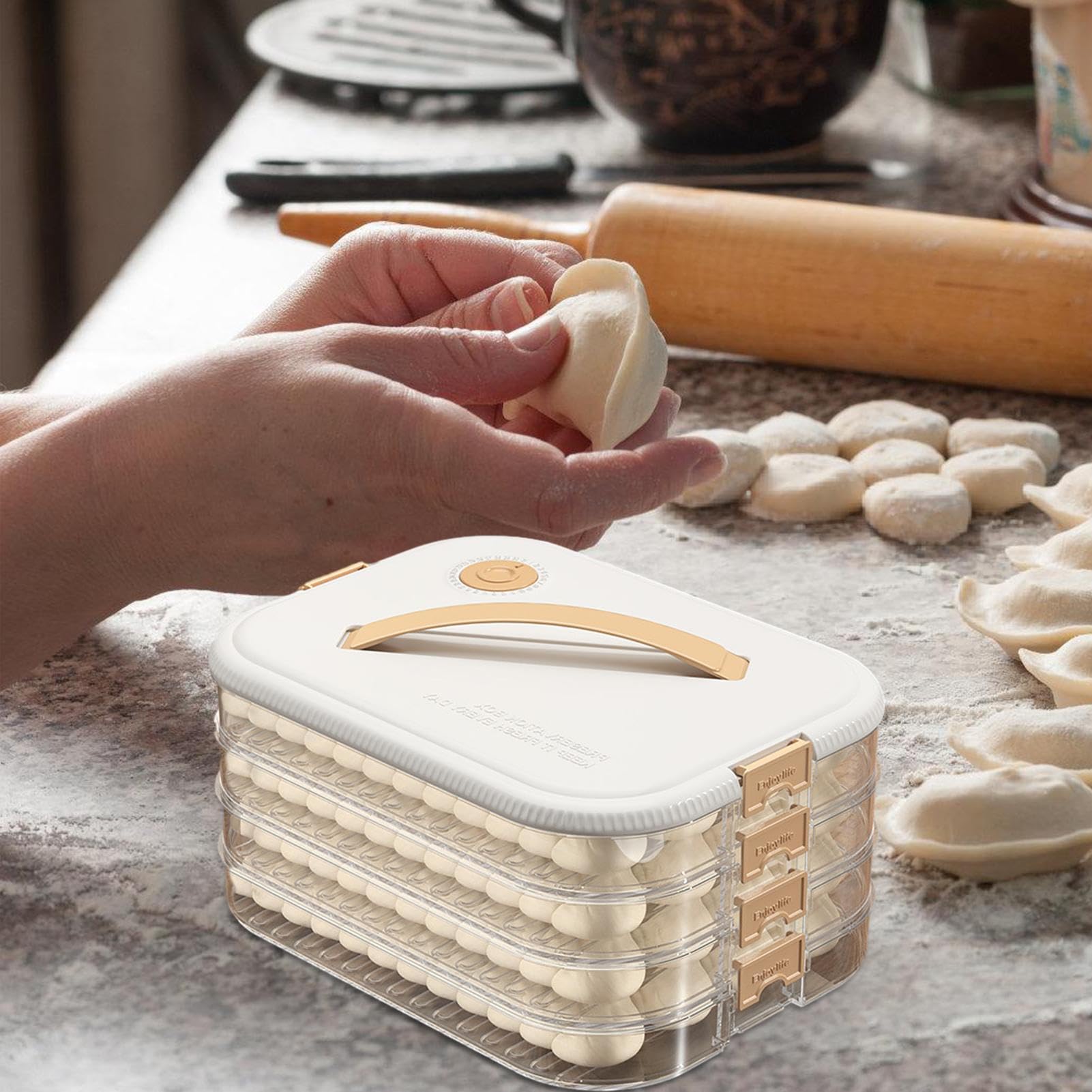 Contenitore per Ravioli - 4 Strati Trasparente, Contenitore Impilabile con Manico e Coperchio, Organizzatore per Alimenti | Soluzione di Conservazione per Cucina a Microonde, Sicura per Congelatore, a