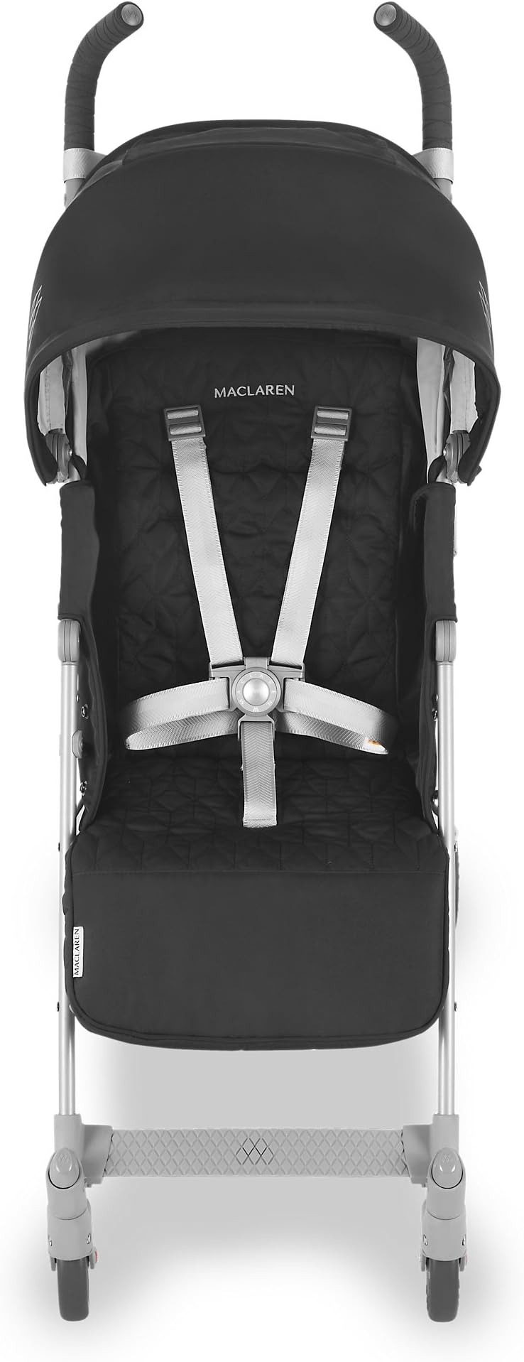 Maclaren Quest lightweight compact umbrella stroller. Newborn up to 25 kg, UPF 50+ extendable waterproof hood, reclining seat, all wheels suspension. Includes raincover. Black/Silver