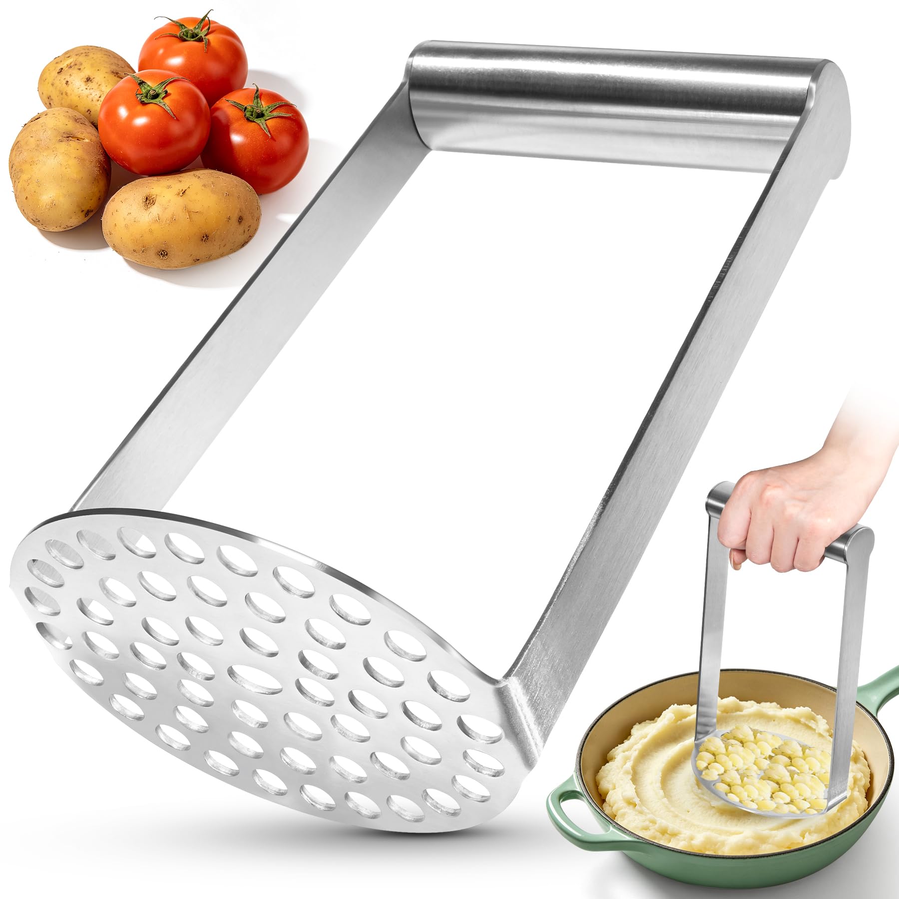 Potato Mashers, Big Handle Potato Masher Full Food-Grade Stainless Steel Body, Sturdy Potato Ricer Masher Kitchen Food Masher, Versatile for Mashed Potato, Tomato Puree, Jam & Fruits