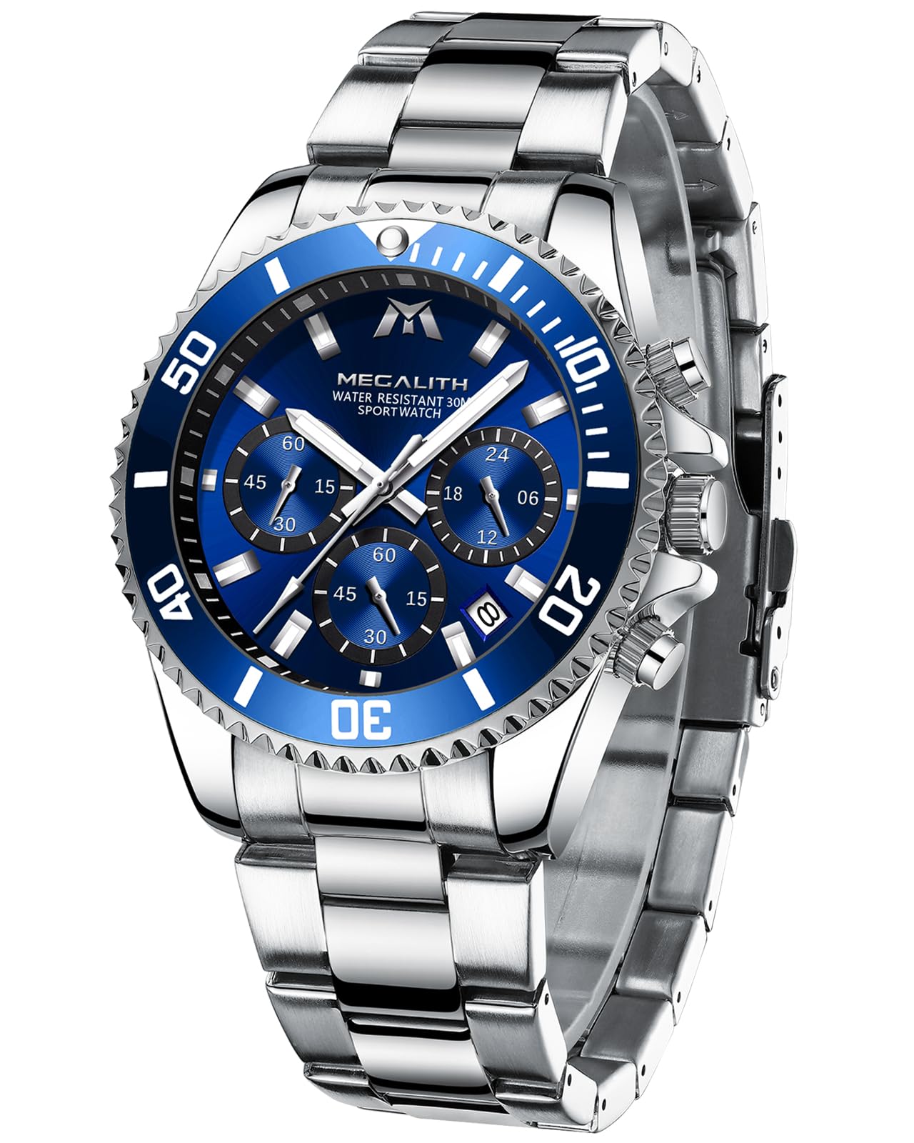 MEGALITH Uhren Herren Chronograph Edelstahl: Armbanduhr Herren Groß mit Datum Leuchtend Wasserdicht - Designer Herrenuhr für Geschäftsleute Alltagskleidung Geschenk