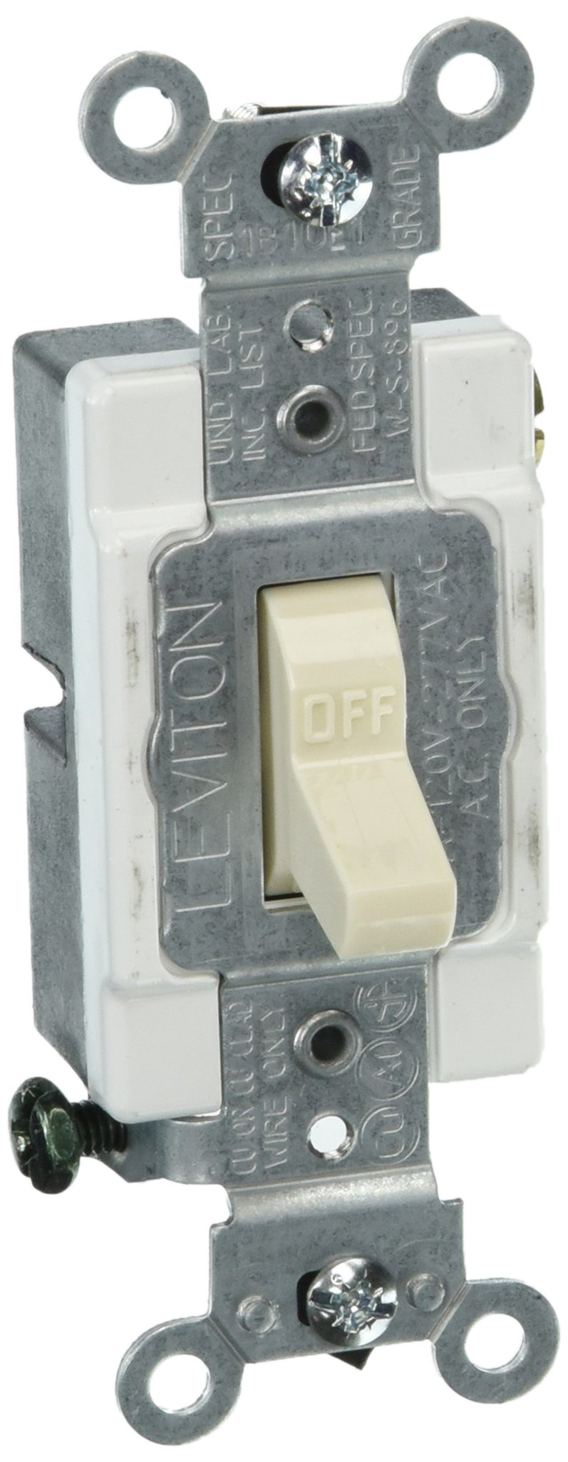 Leviton 15 Amp, 120/277 Volt, Toggle Single-Pole Ac Quiet Switch, Commercial Grade, Grounding, CS115-2T, Light Almond