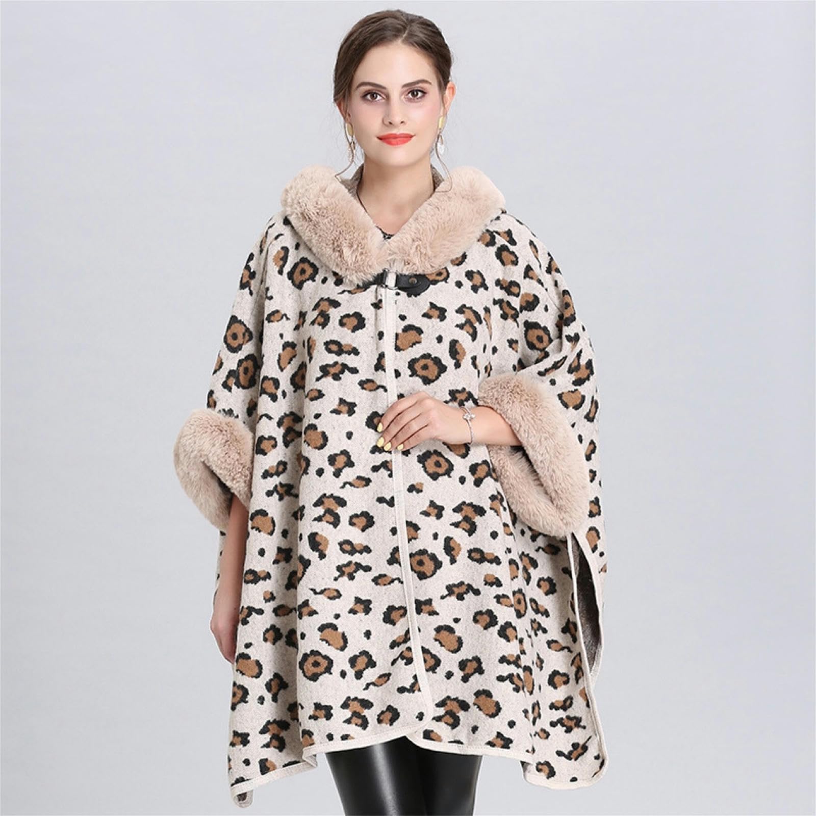 Poncho Donna Scialcano con Cappuccio con Cappuccio per Leopardo Autunno E Inverno Cape di Grande Dimensione Cardigan Woolen Coat per Donne-Cammello