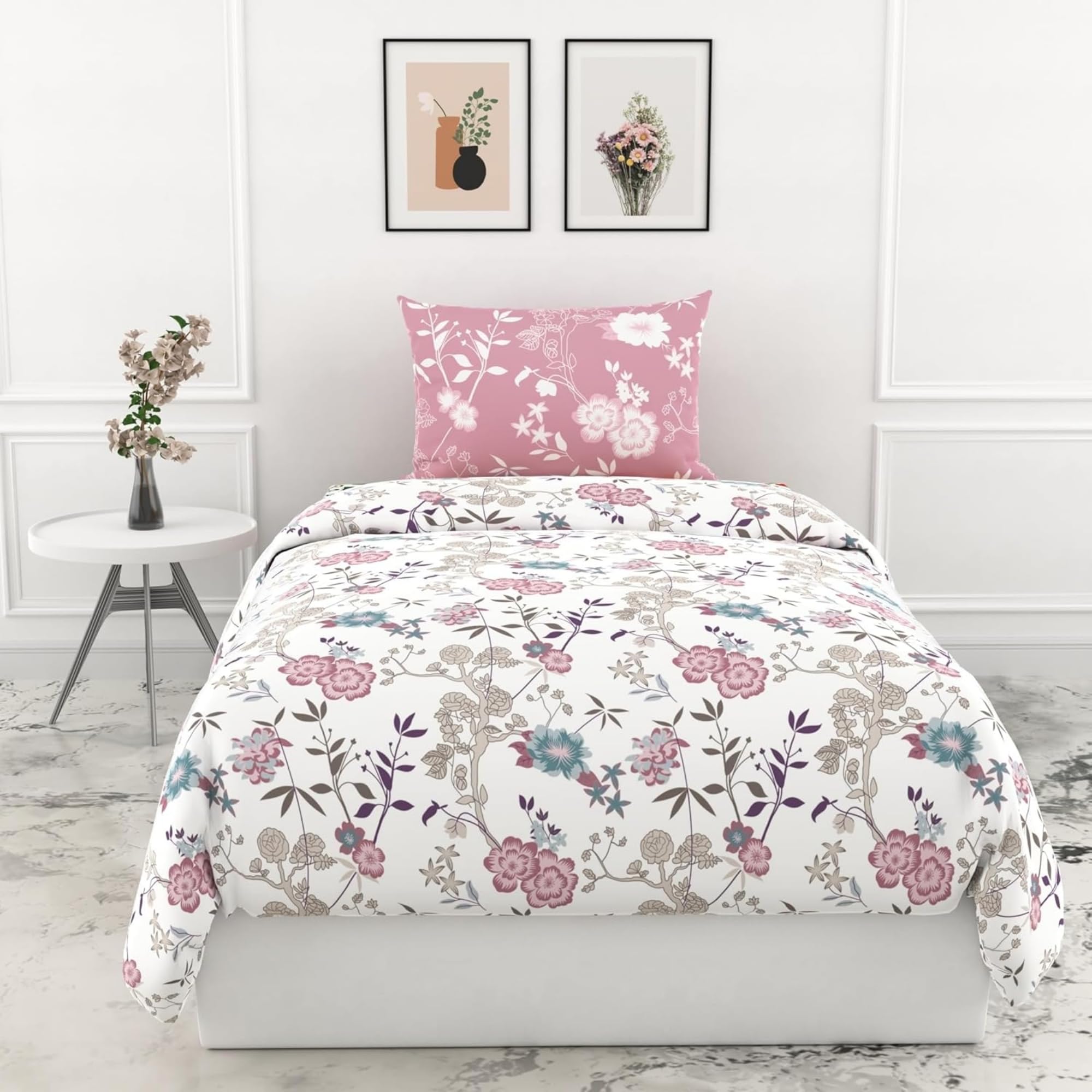 LORETO - A QUALITY LINEN BRAND 100% Pure Cotton Bedsheet for Single Bed, 144TC Soft & Breathable Single Bed Sheet with Pillow Cover (Blush Pink & Teal Blooms, 54 x 84 Inches)-image-36