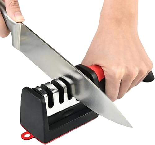 Cuchillo de 4 etapas, afilador de tijeras, cuchillo de cocina universal y tijera para todo tipo de herramienta de afilado, mediano, rojo y negro
