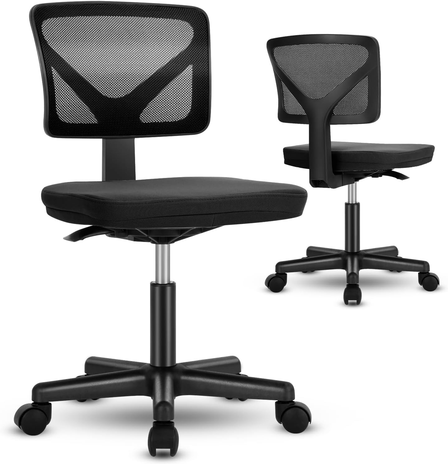 DUMOS Armless Office Chairs with Wheels, Ergonomic Adjustable Home Desk Swivel Rolling Task Chair No Arms, Comfy Mesh Mid Back Computer Work Vanity Desk Chairs for Small Spaces, Dark Black