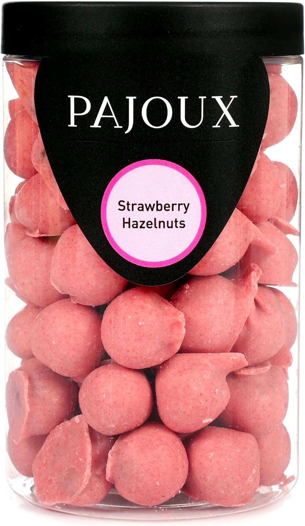 PajouxStrawberry Hazelnuts (Large) 250g | Chocolate Hazelnut - White Chocolate Covered Nuts - Whole Hazelnuts - Palm Oil Free - Chocolate in a Gift Jar