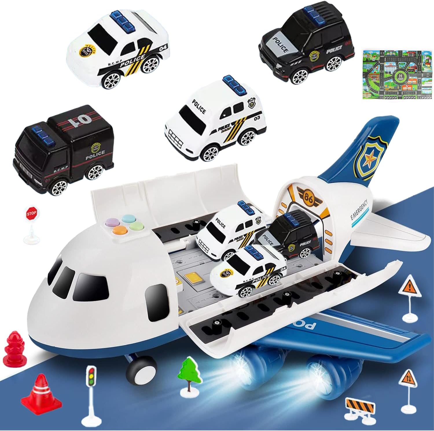Masroo Airplane Toy with Fire Truck Cars and Play Mat,Plane with Lights and Sounds for 3 + Years Old Boys and Girls