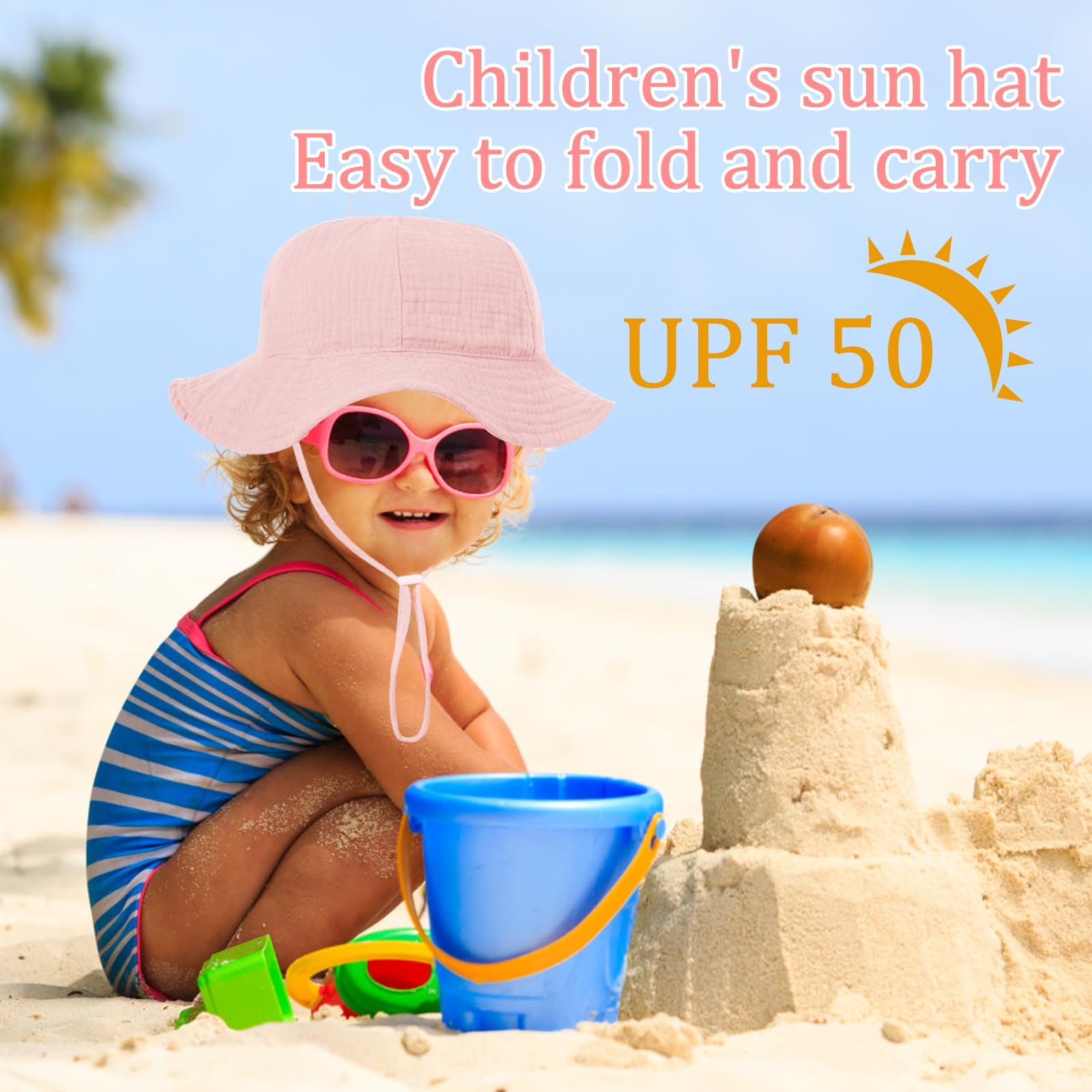 2 Pcs Baby Girl Sun Hat, Newborn Soft Cotton Bucket Hats, Toddler Cotton Beach Hat, with Adjustable Chin Strap, for 3-12Months — view 5