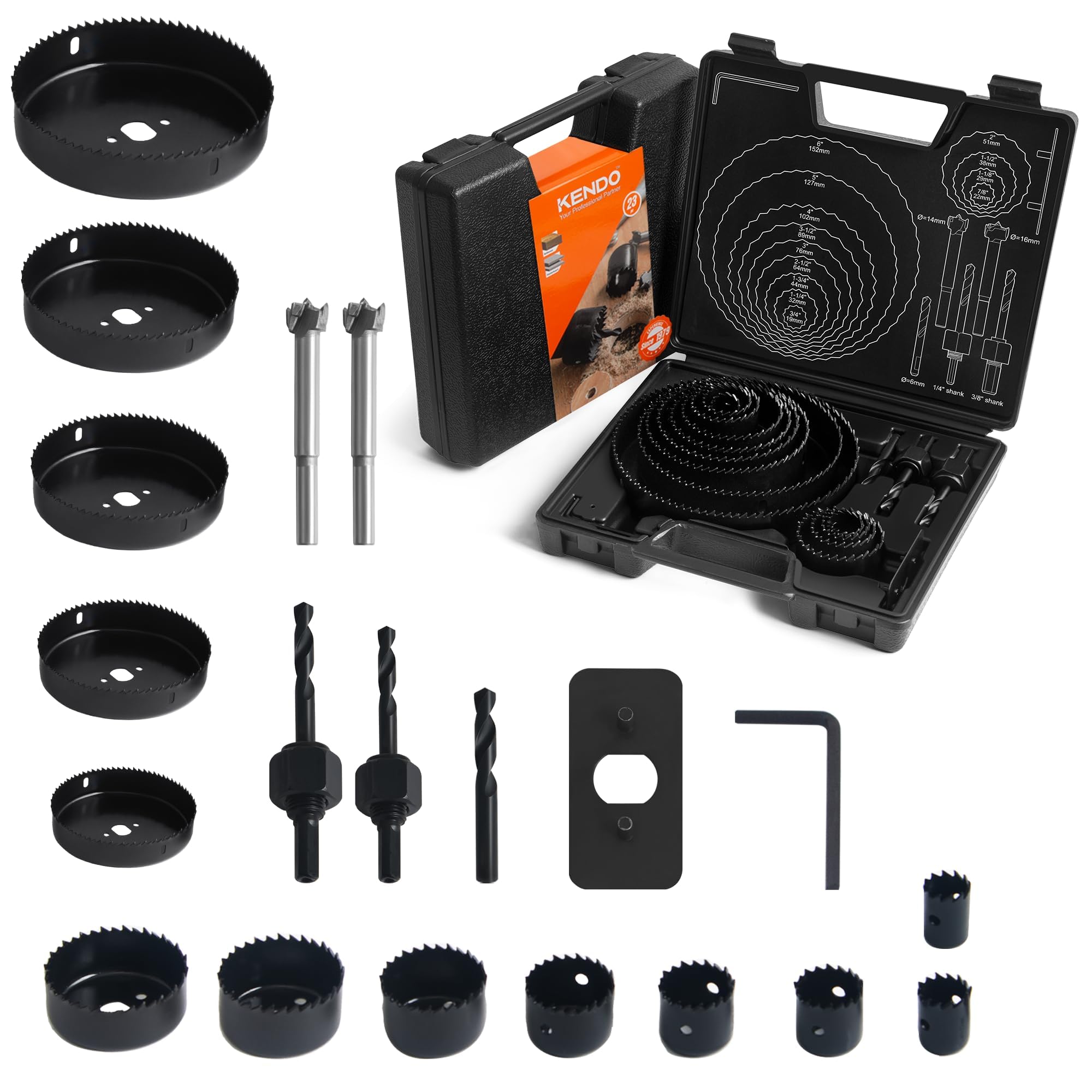 KENDO Hole Saw Set,23Pcs Hole Saw Kit with 3/4" to 6" (19-152mm) Saw Blades,Forstner Bit Set,Mandrels,Drill Bits,Installation Plate,Hex Key for Soft