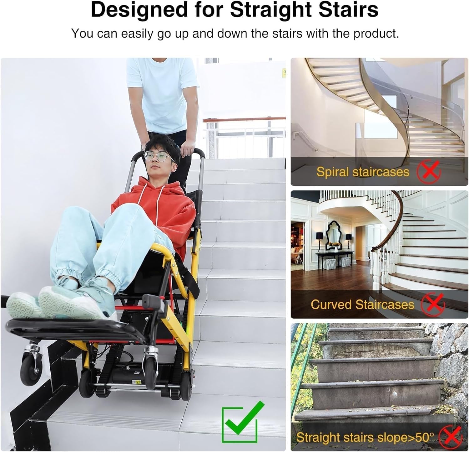Salvaescaleras eléctrico Silla de ruedas salvaescaleras plegable, Silla de ruedas manual subeescaleras para ancianos discapacitados, Herramienta de asistencia para el hogar， Load 353lb