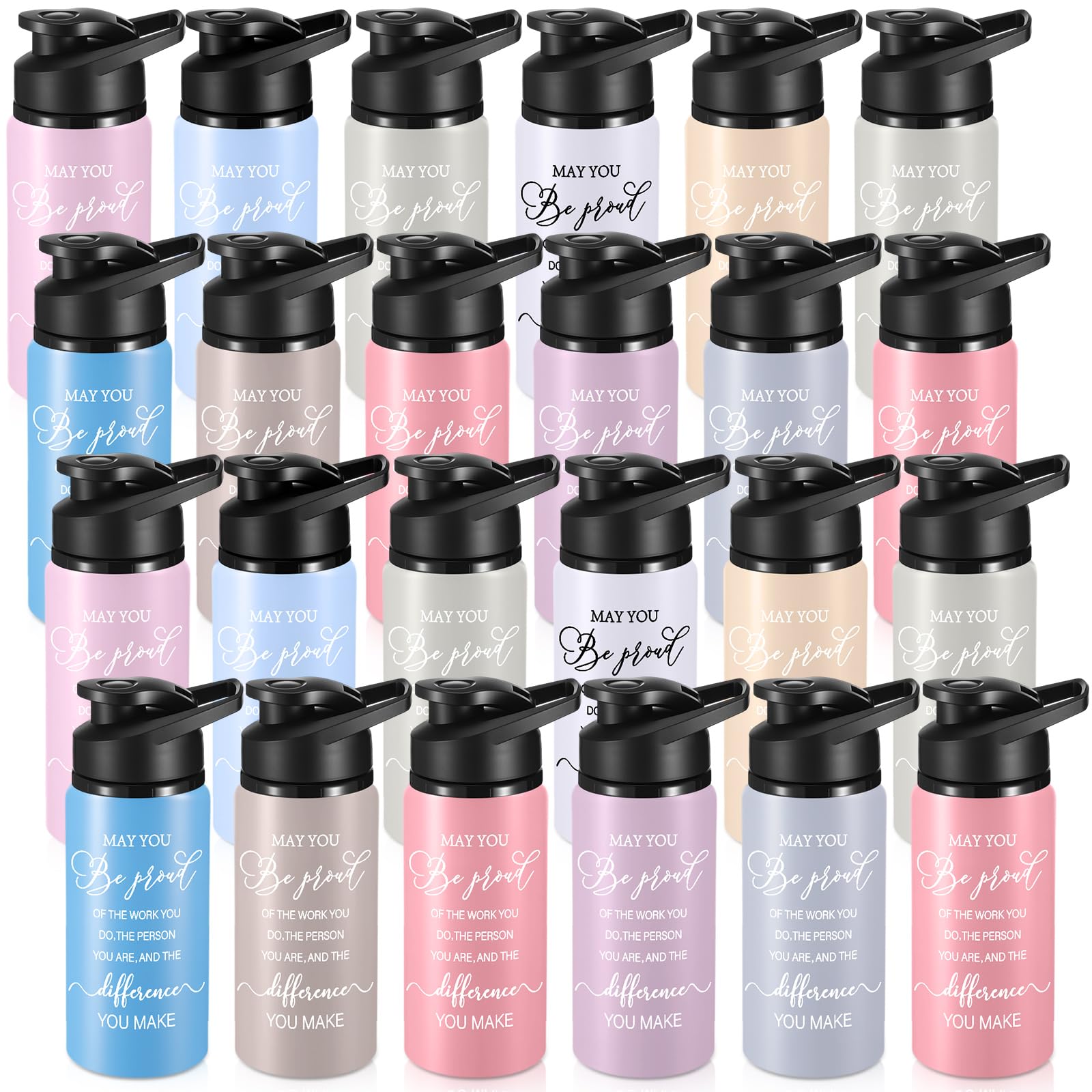 bokon 24 pack thank you inspirational gifts reusable aluminum water bottle bulk lightweight leakproof metal sports with lid for christmas gym camping hiking back to school gift(warm,17 oz)