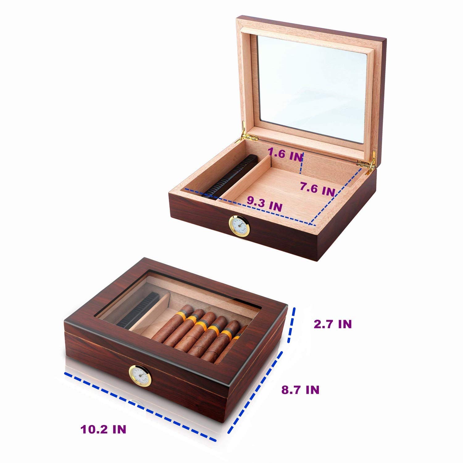 Handmade Cigar Humidor, Cedar Cigar Desktop Box with Humidifier and