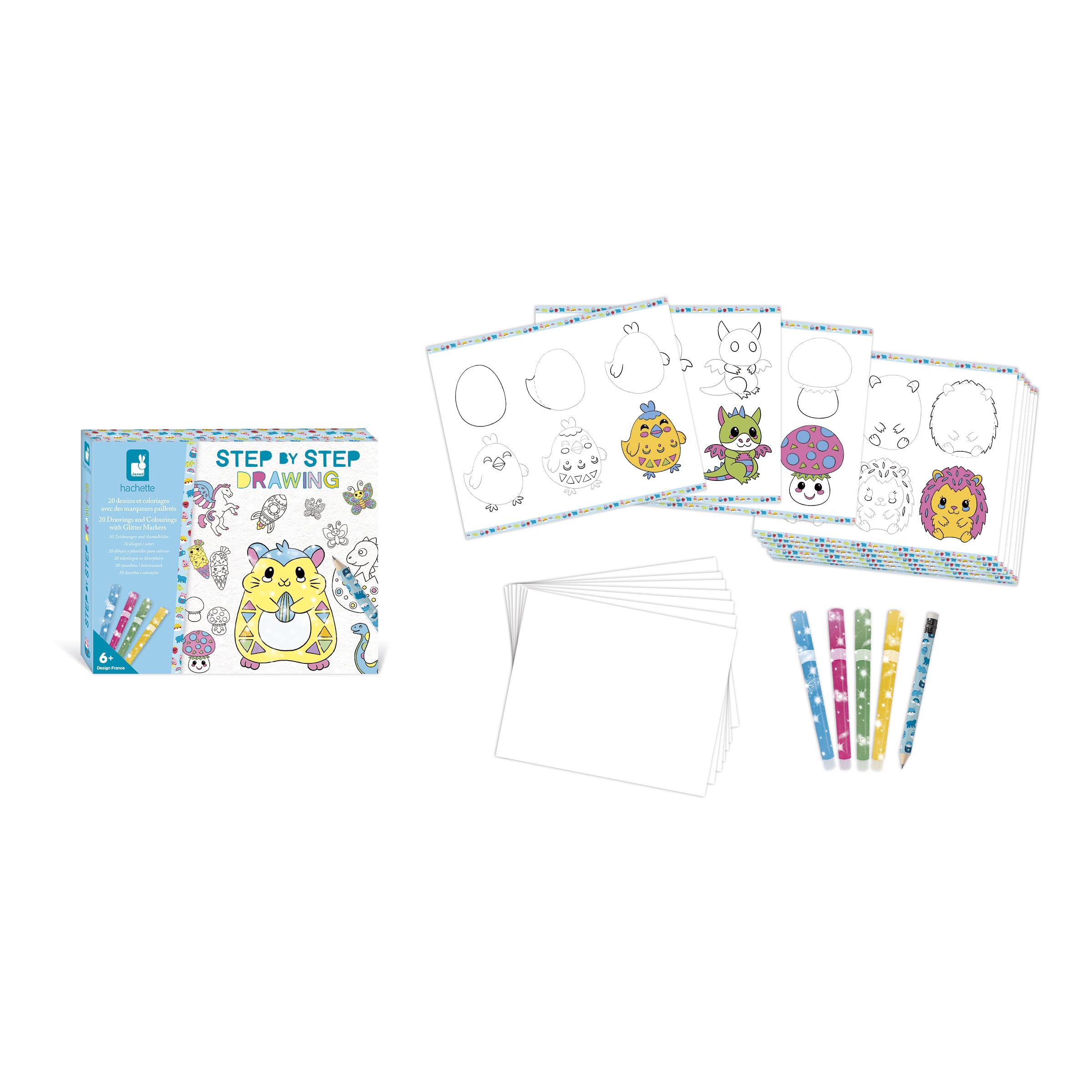 Coffret Dessin Janod Step By Step – 20 Modèles Pas à Pas + Feutres Pailletés, Dès 6 Ans
