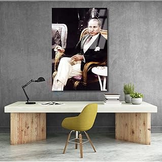 Kahve İçen Atatürk Görseli Renkli Atatürk Tablosu Dikey Cam Ev Ofis Tablosu