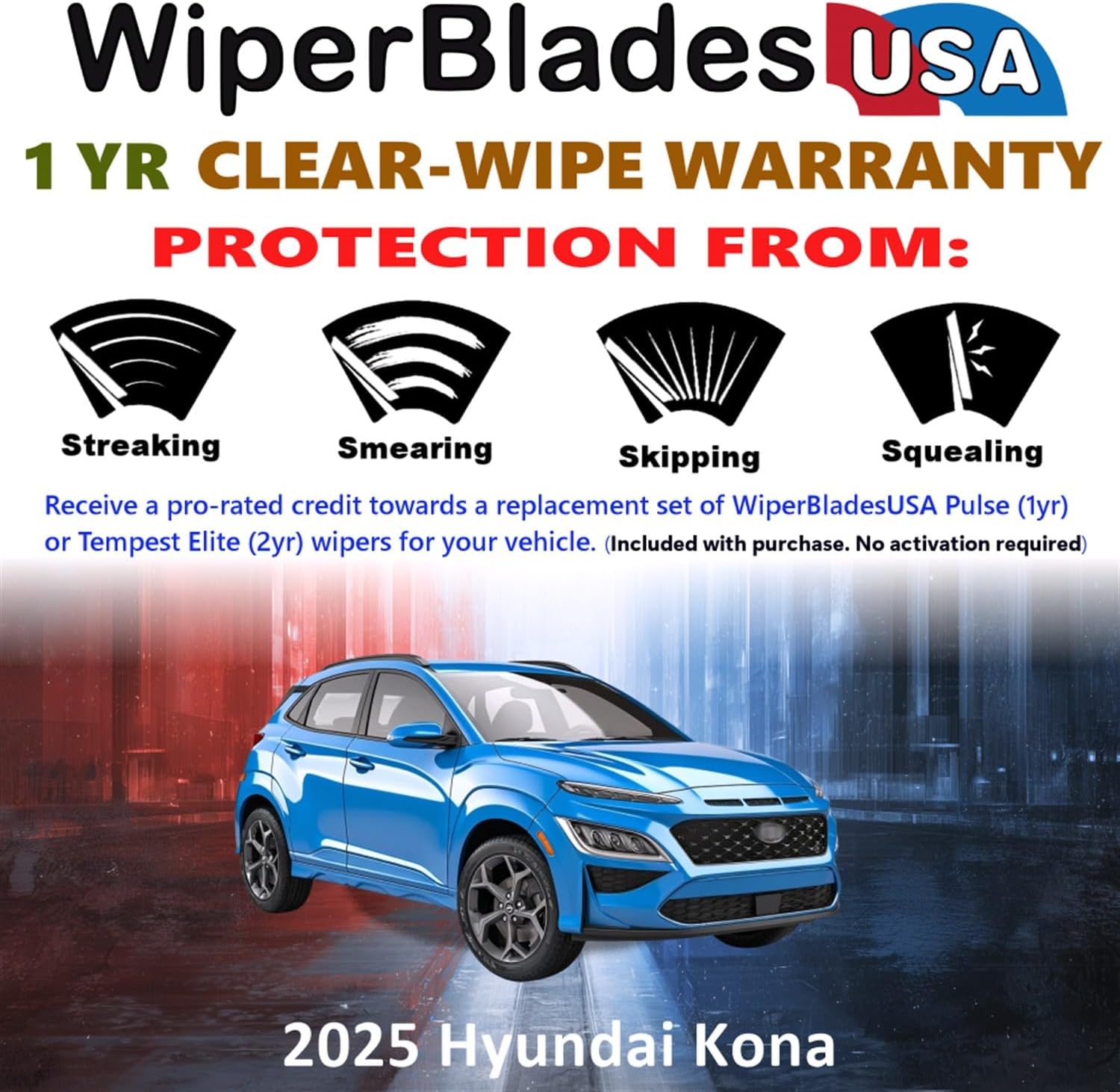 WiperBladesUSA Wiper Blades Set w/ 1yr warranty compatible with Hyundai Kona 2025 Wipers (Set of 3) w/Rear Wiper Pulse Wipers