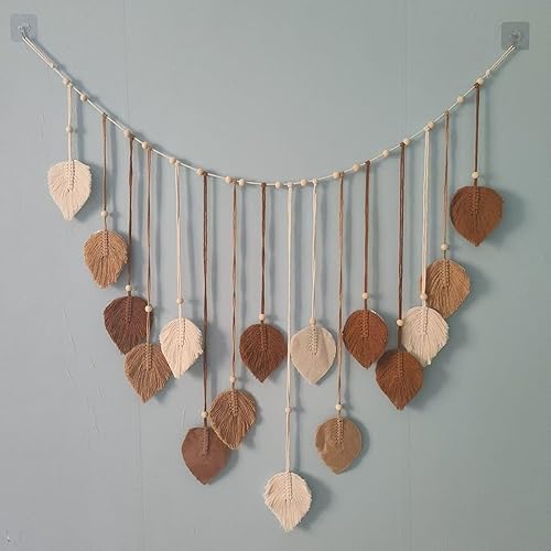 Miniatura 3 de Colgante de pared de macramé grande, hecho a mano, hojas y plumas, adornos de algodón tejido bohemio, elegante, tapiz para exhibición de fotos,