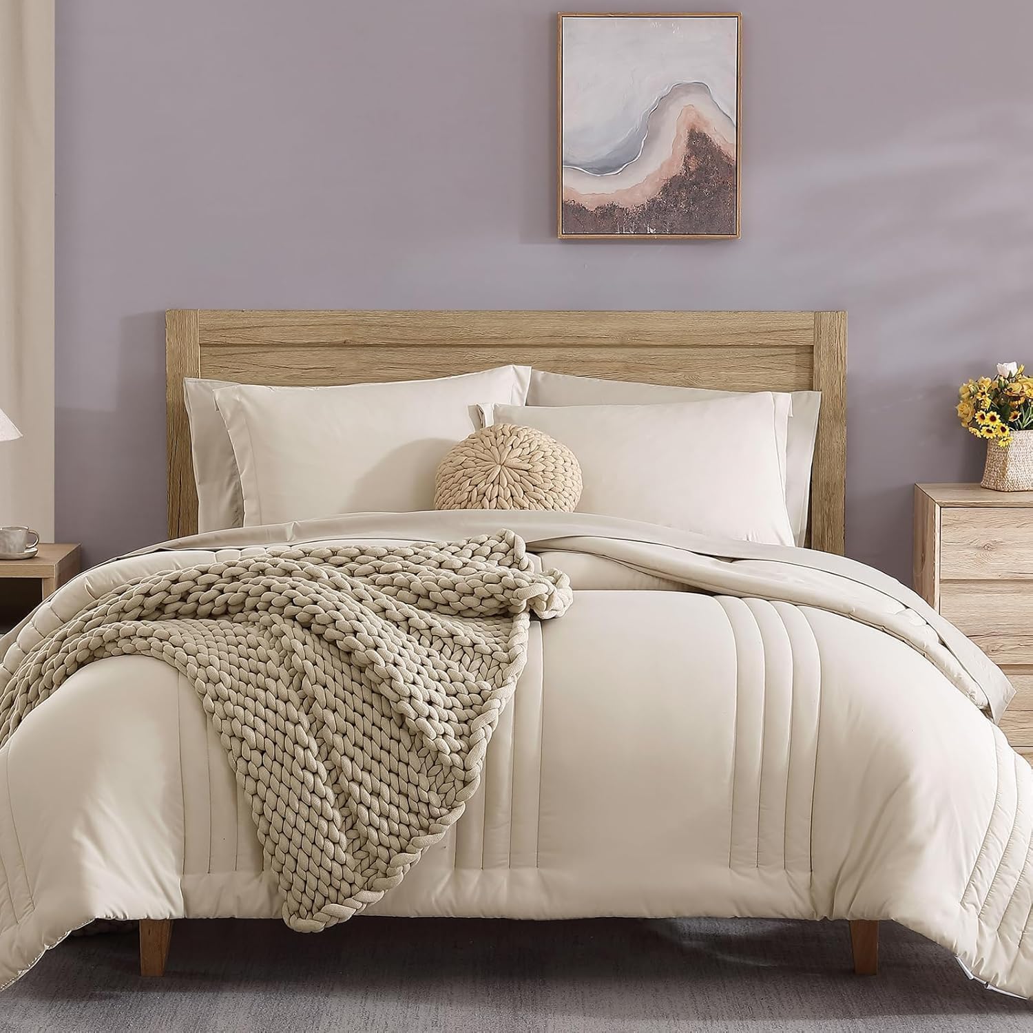 Monbix Oversized Queen Comforter Set - 7 Pieces Apricot Beige Bed in a Bag Queen Bedding Sets with Comforters, All Seasons Down Alternative Comforter Bed Set with Sheets,Pillowcases & Shams Apricot Beige 7Piece-Oversized Queen(98"*98")