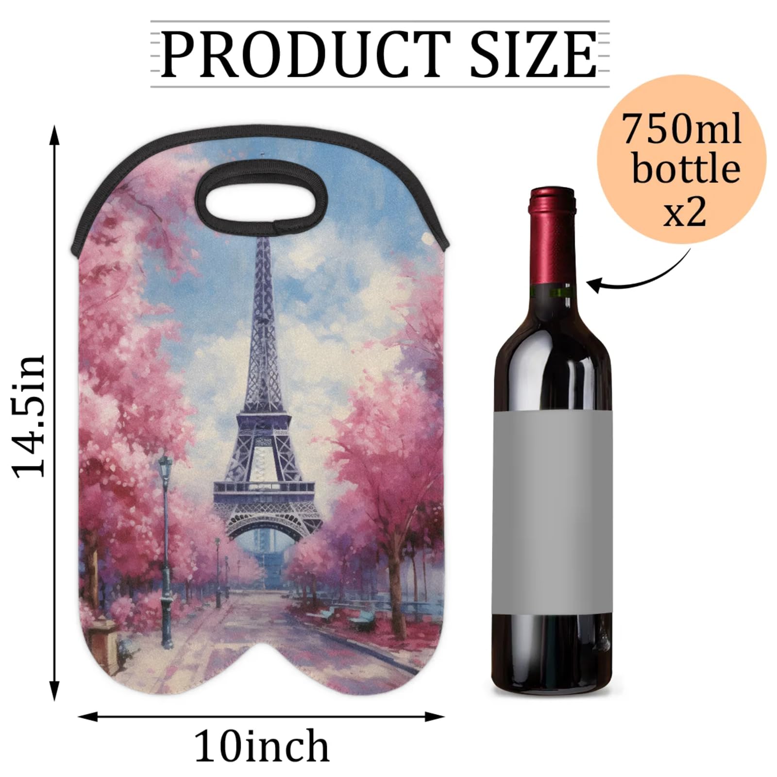 GzLeyigou 2 Bottles Eiffel Tower Wine Bag Sleeve Totes Cherry Neoprene Protective Wine Carrier Bag for Wine,Water, Champagne, Beer, Baby Bottles,Gift 14.5 x 10 Inches