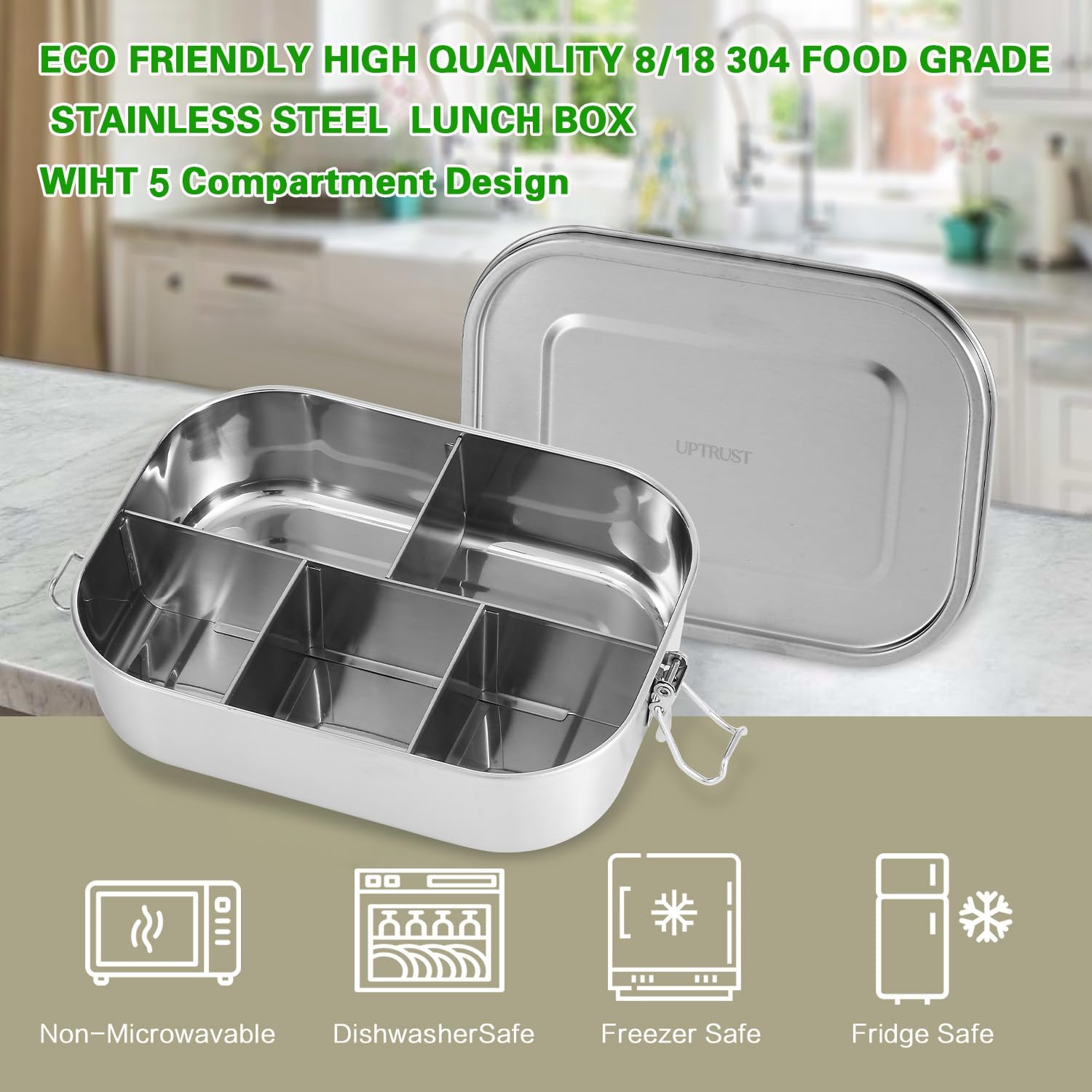 UPTRUST Stainless Steel Bento Lunch Food Box Container, 5-Compartment Large 1400ML Metal Bento Lunch Box Container for Kids or Adults with Lockable Clips to Leak Proof - Image 5