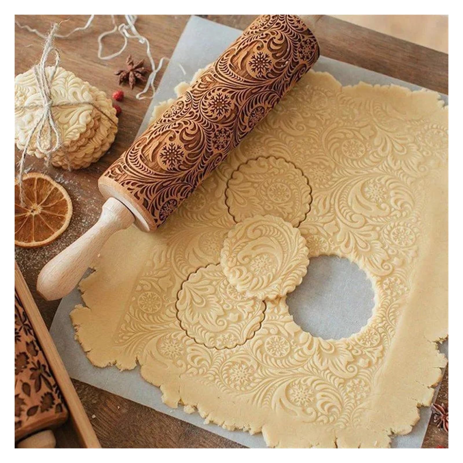 Rodillo de Madera Grabado de 35 x 5 cm for Hornear Galletas, Fondant, Pasteles y Masa. Rodillo de Madera Grabado con Copos de Nieve. para Cocina, Pastelería(Color 2)
