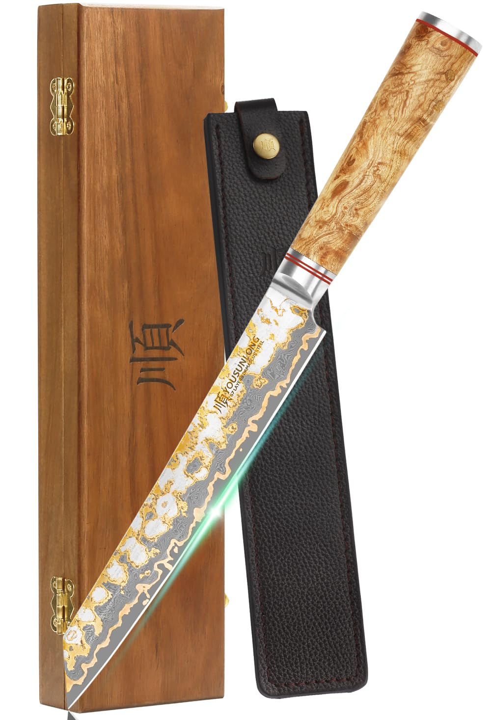YOUSUNLONG Couteau à trancher Sujihiki - Couteau à Sashimi Sushi 205mm - Acier Damas Cuivre fait main - Couteaux à découper japonais Yanagiba - Manche en bois de ronce naturelle avec cuir
