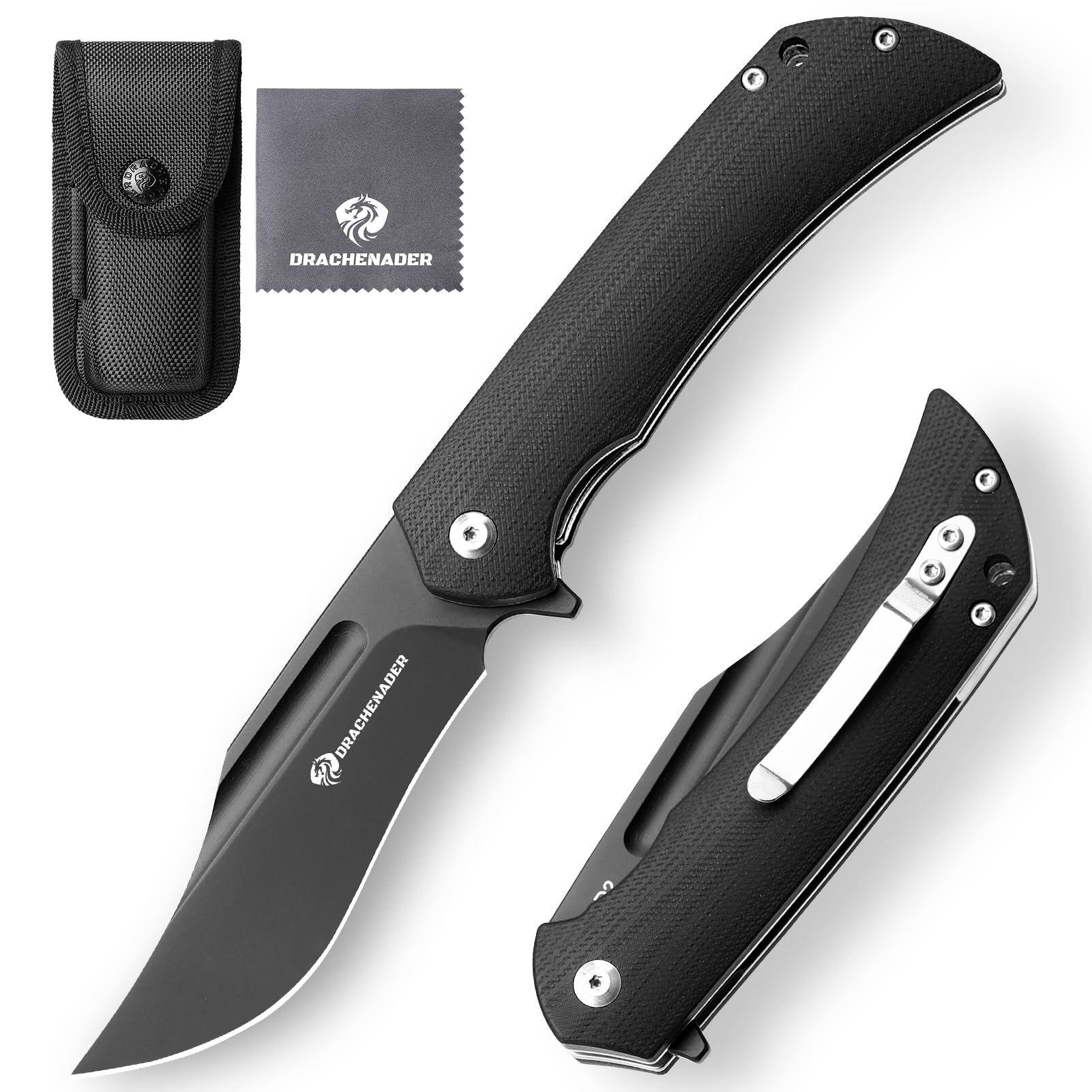 DRACHENADER Bowie Pocket Knife for Men with D2 Steel Y-WOLF, 7.67 Inch Tactical Pocket Folding Knife with Clip, Nylon Sheath, G10 Handle, Gifts for Men, Full Black