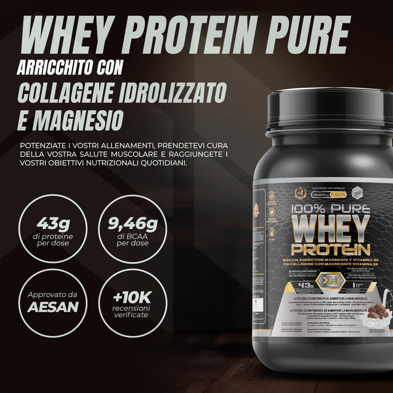 Healthy FUSION Whey protein 100% pura | Proteine whey + collagene + magnesio | Proteine del siero di latte isolate per lo sviluppo muscolare | Massa muscolare pulita | 1000 g (Cioccolato)