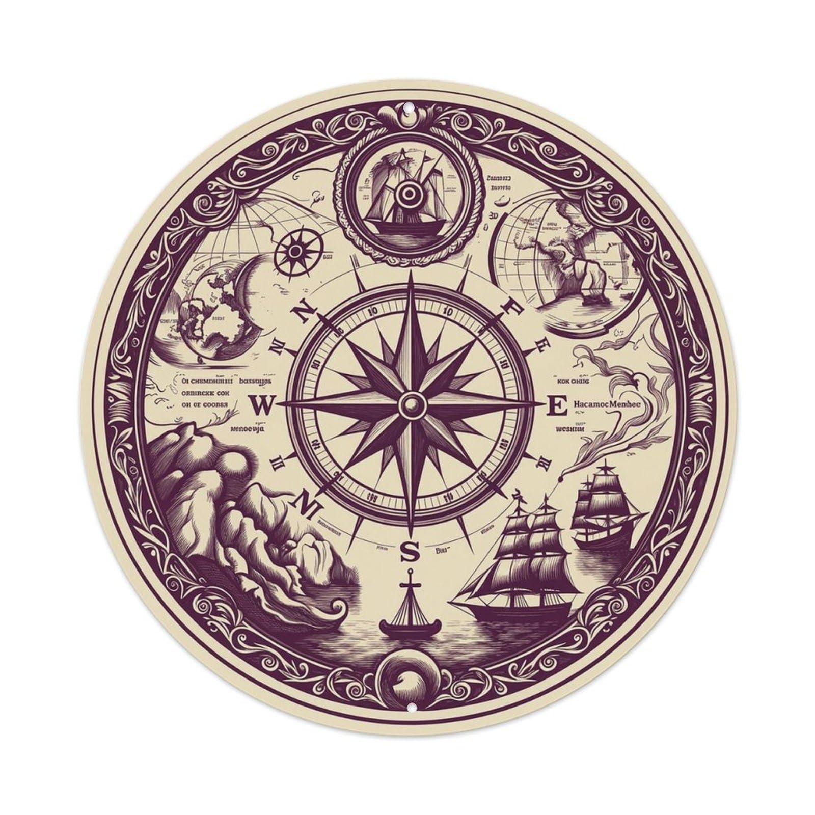Vintage Nautical Compass World Map Hourglass Chronicle Metal Tin Sign