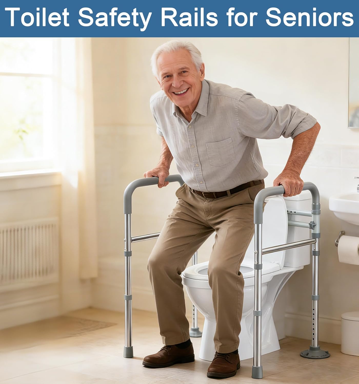 HOMLAND Toilet Safety Rails for Seniors, Adjustable Height & Width 350lb Toilet Handles for Elderly and Disabled, Foldable Toilet Safety Frame, Fit Any Toilet