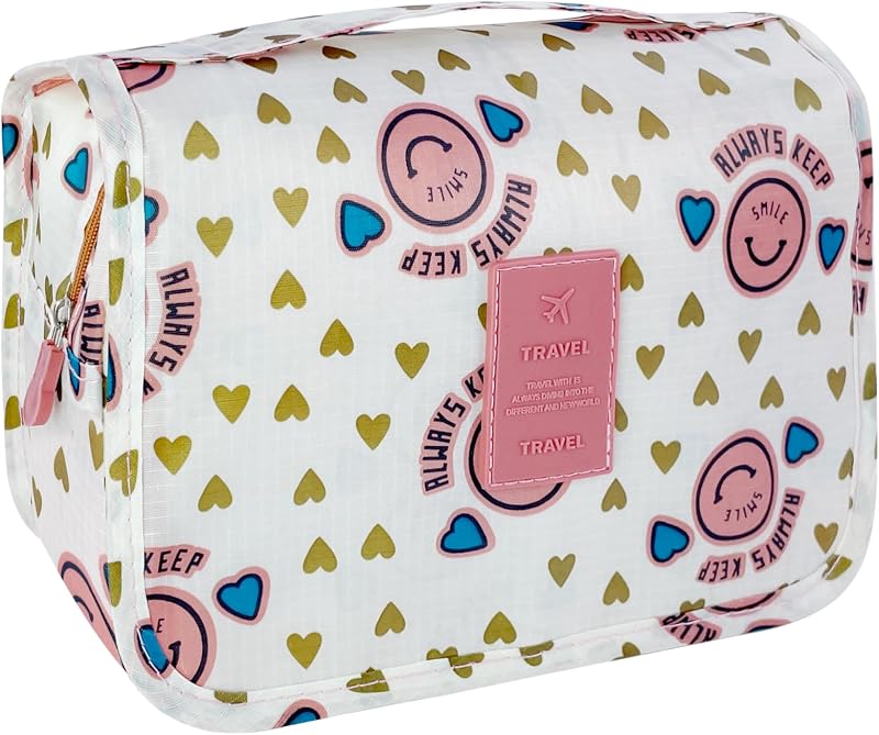 Necessaire suspensa para viagem Pmiuccd Pink Smiley com gancho e compartimentos