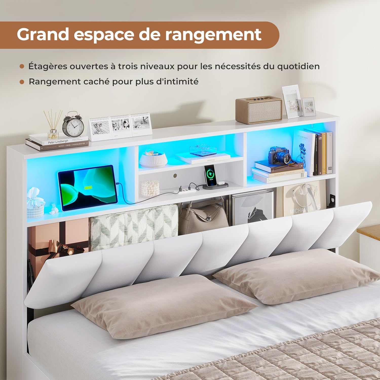 AOGLLATI Letto 140x190 cm con 4 Cassetti Contenitori, Letto Matrimoniale con Illuminazione a LED e Stazione di Ricarica, Struttura Letto con Testiera Imbottita in PU e Vano Nascosto, Bianco