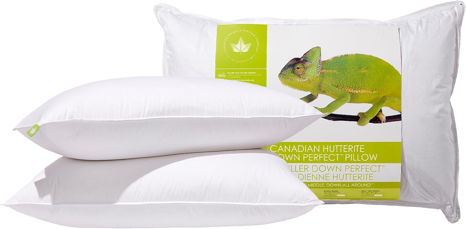 Canadian Down & Feather Co. - 2 Pack Medium Support Hutterite Down Perfect Pillow Standard Size - 400 TC Shell 100% Cotton - Made in Canada