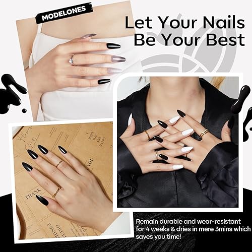 Miniatura 4 de modelones Esmalte de uñas de gel, 1 unidad de 0.5 onzas líquidas, esmalte de gel negro con base de gel súper brillante y juego de capa superior