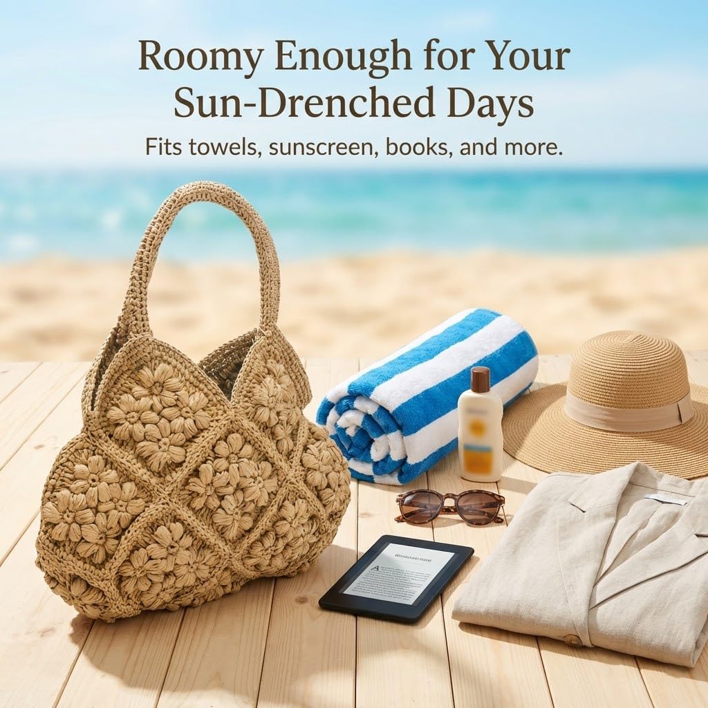 Straw Beach Tote Bag for Women Handmade Paper Woven Large Shoulder Purse Lightweight Foldable Summer Vacation Beach Bags