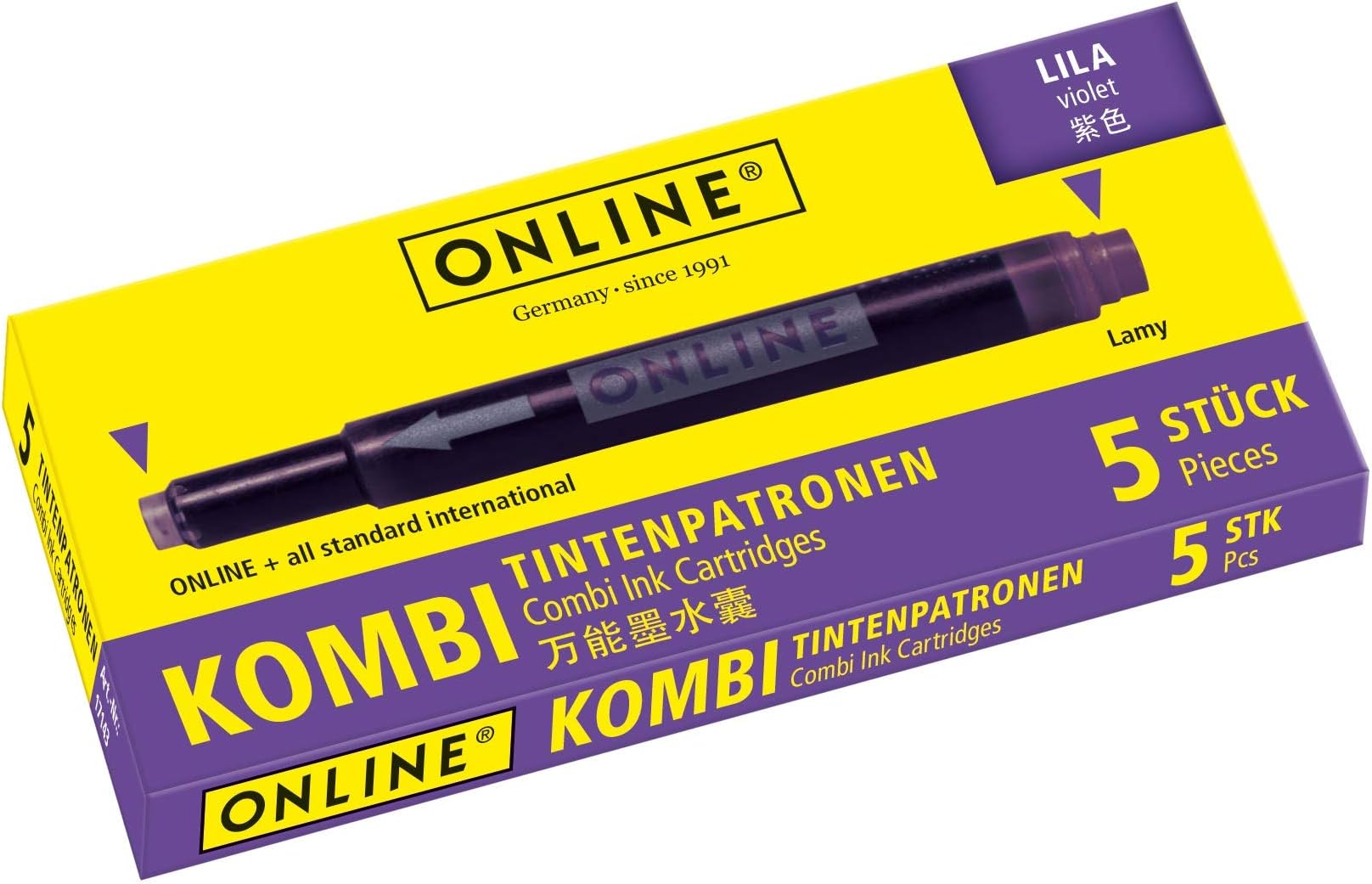 Online double-sided pen ink cartridges, universal pen refills, compatible with all common fountain pens, even Lamy pens - 5 spare cartridges - colour lilac, 17143/12