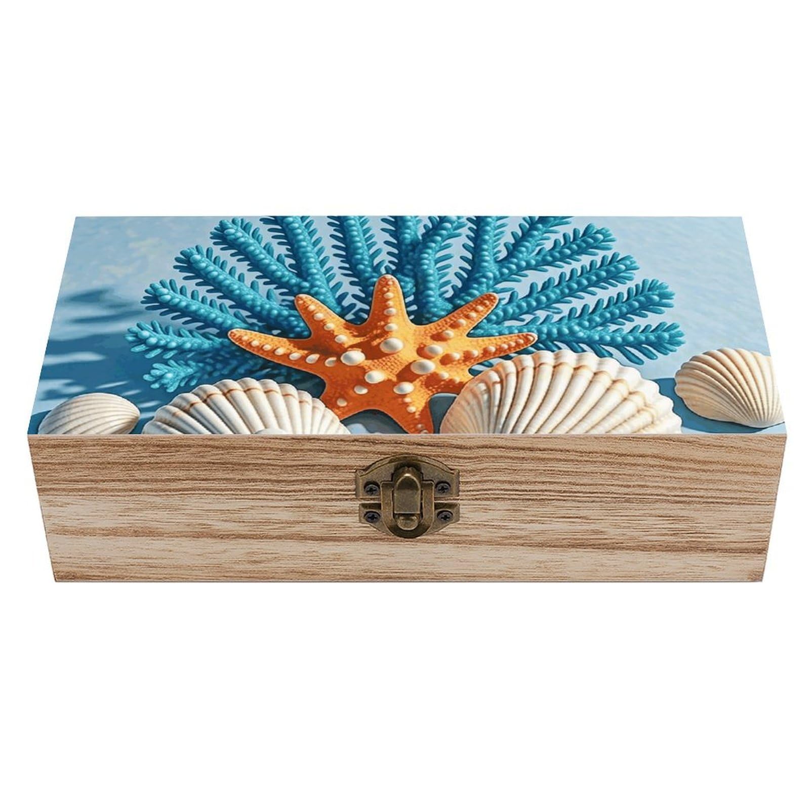FodPand Decorative Keepsake Box Wooden Storage Boxes with Hinged Lid Handmade Ocean Seashells Wood Organizer Memory Treasure Box for Jewelry Craft Card Photo Storage Wedding Bridal Shower Gifts
