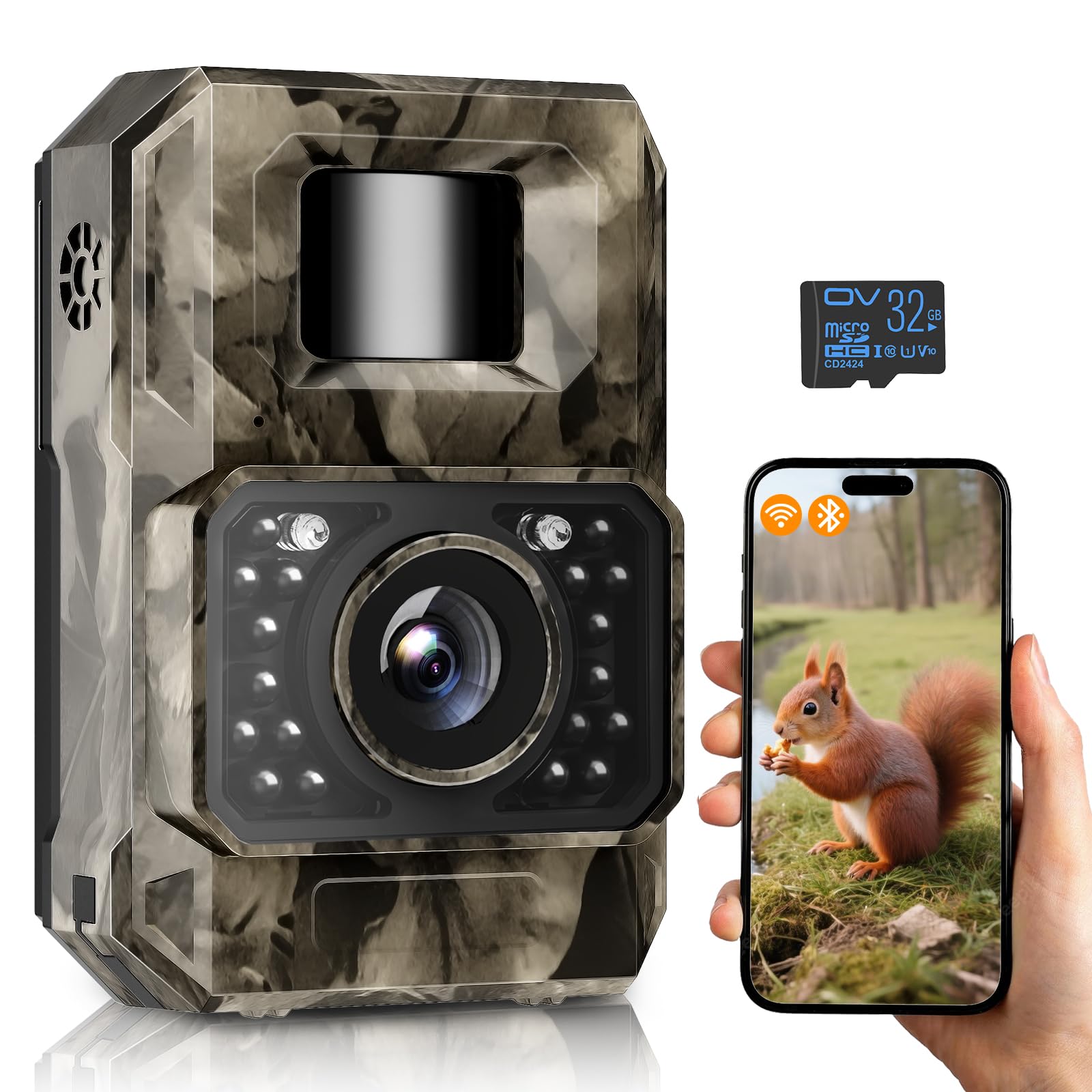 MAXDONE Wildkamera mit Bewegungsmelder Nachtsicht, 4K 64MP Wildtierkamera | WLAN Bluetooth Wildkamera mit Handyübertragung App, mit 2000mAh Akku, 32GB Speicherkarte, 0,1s Auslösezeit, IP66 Wasserdicht