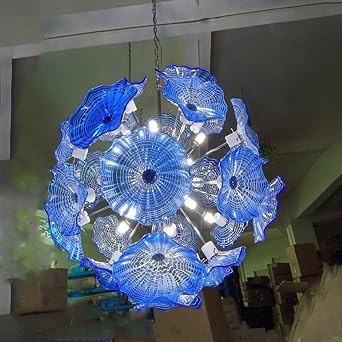 Clear Blown Glass Chandelier Sputnik Dia 26" Lighting Fixture with Lotus Flower Plate Glass Art Deco Ceiling Lights Plug-in Pendant Lighting