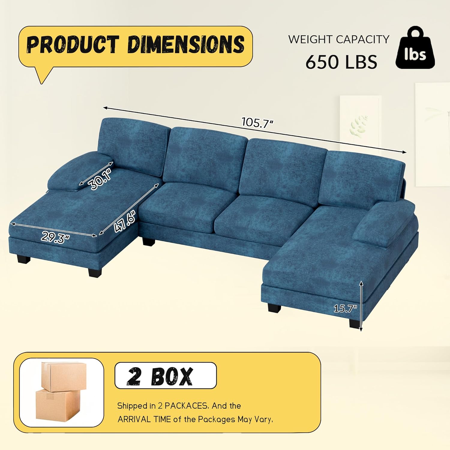 JUMMICO Sectional Couches for Living Room, U Shaped Couch with Chenille Fabric, 4 Seat Modern Sofa with Removable Pillows for Apartment and Small Space (Fabric, Blue)