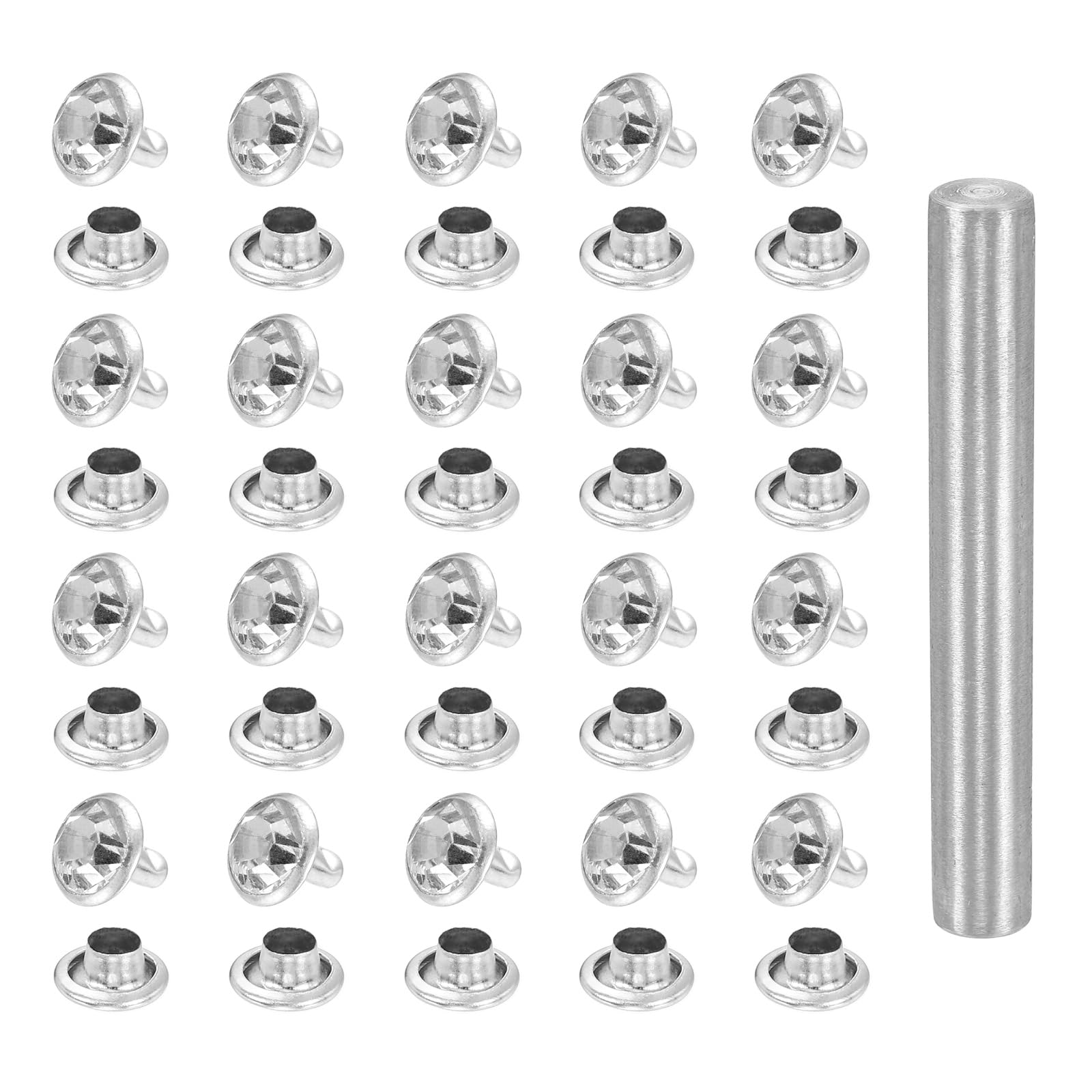 sourcing map 100pcs Crystal Rivets 8mm Rhinestone Rapid Stud Rivets with Steel Installation Tool for Clothing Leather Fabric Arts Crafts Decoration Leathercraft DIY, Silver Clear