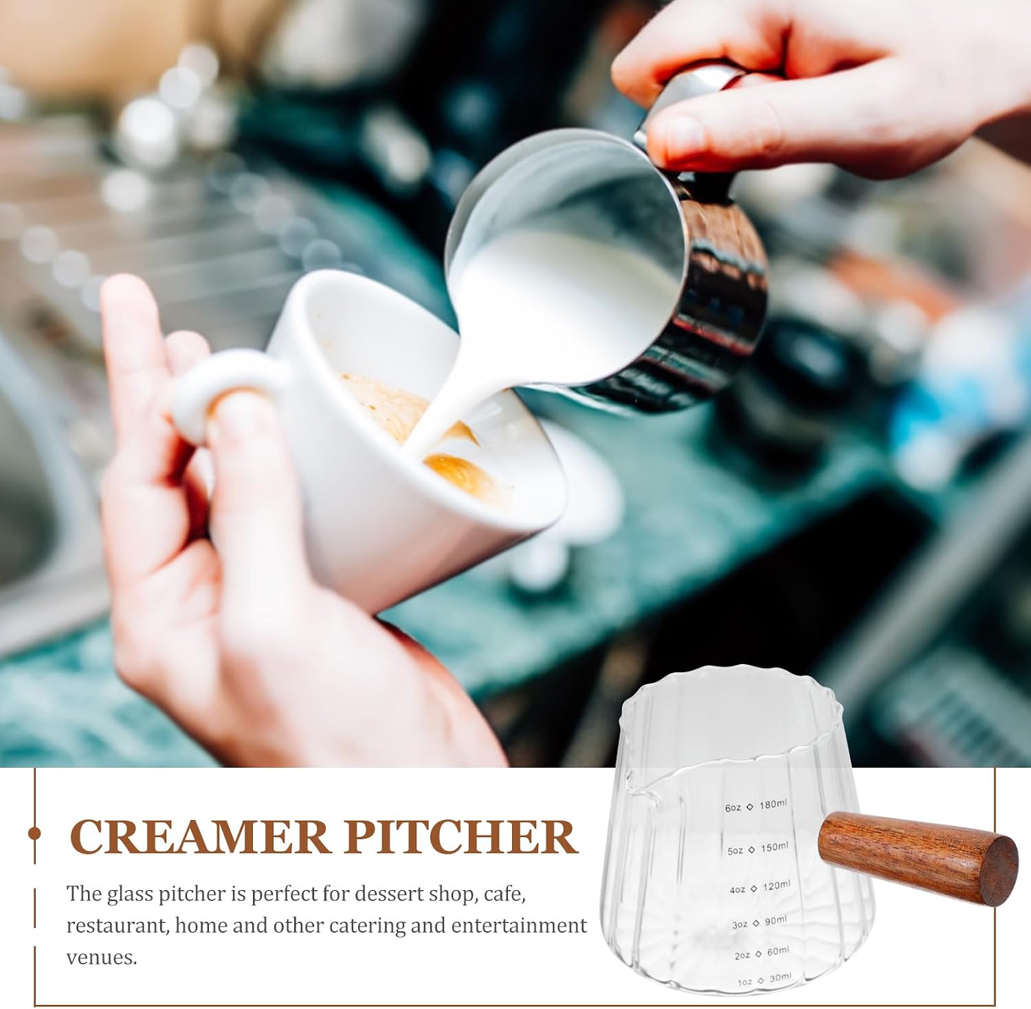 Espresso Shot Glass Measuring Cup 6Oz Triple Pitcher Milk Cup with Wood Handle Glass Side Pour Tea Pot Coffee Replacement Carafes for Milk Espresso Making