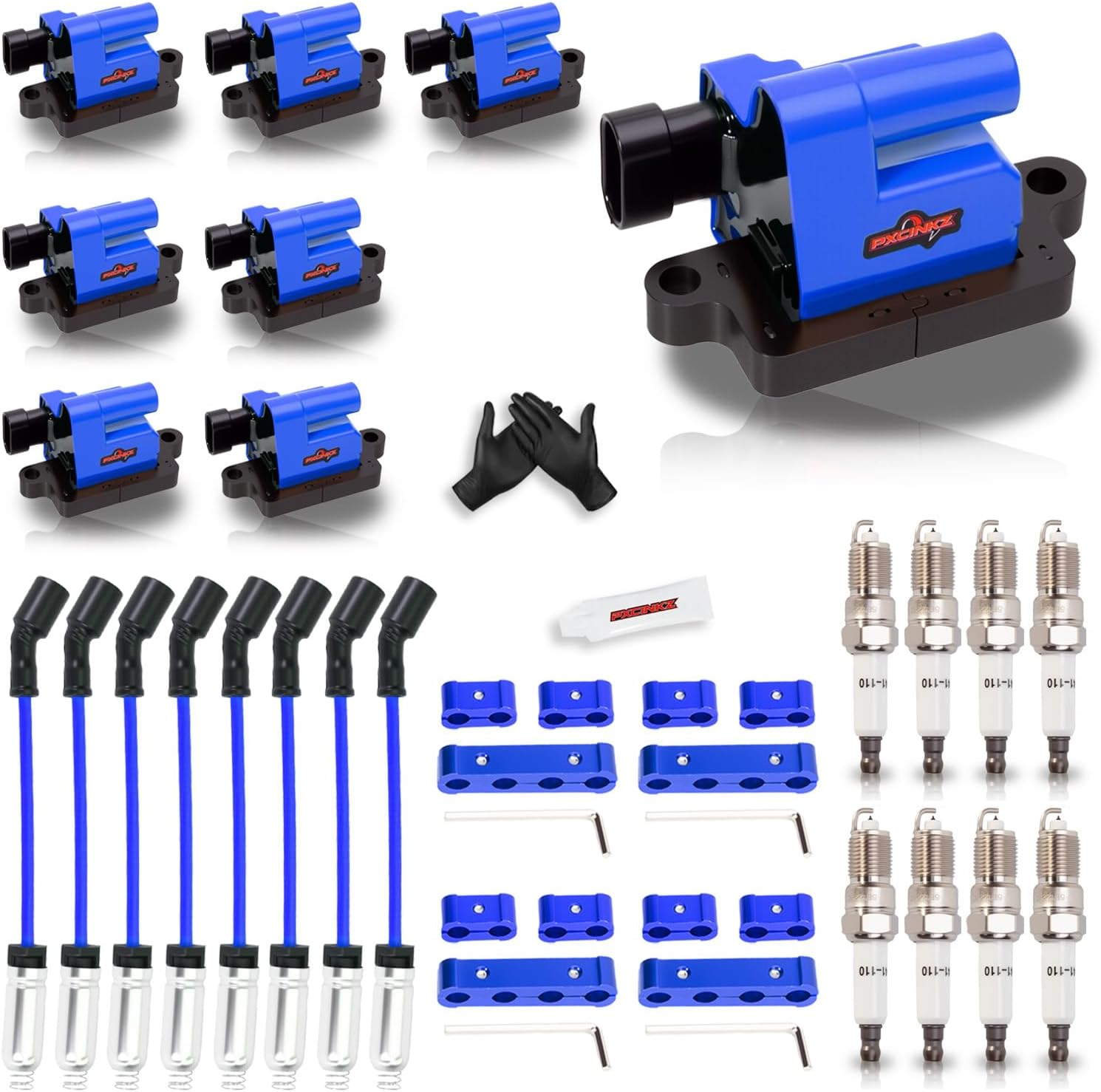 8 Pack Blue Square Ignition Coil Pack and Spark Plugs and Wires Set for Chevrolet Chevy Silverado 1500 2500 HD Avalanche Suburban Express GMC Savana Sierra, for Hummer H2 4.8L 5.3L 6.0L Replaces UF271