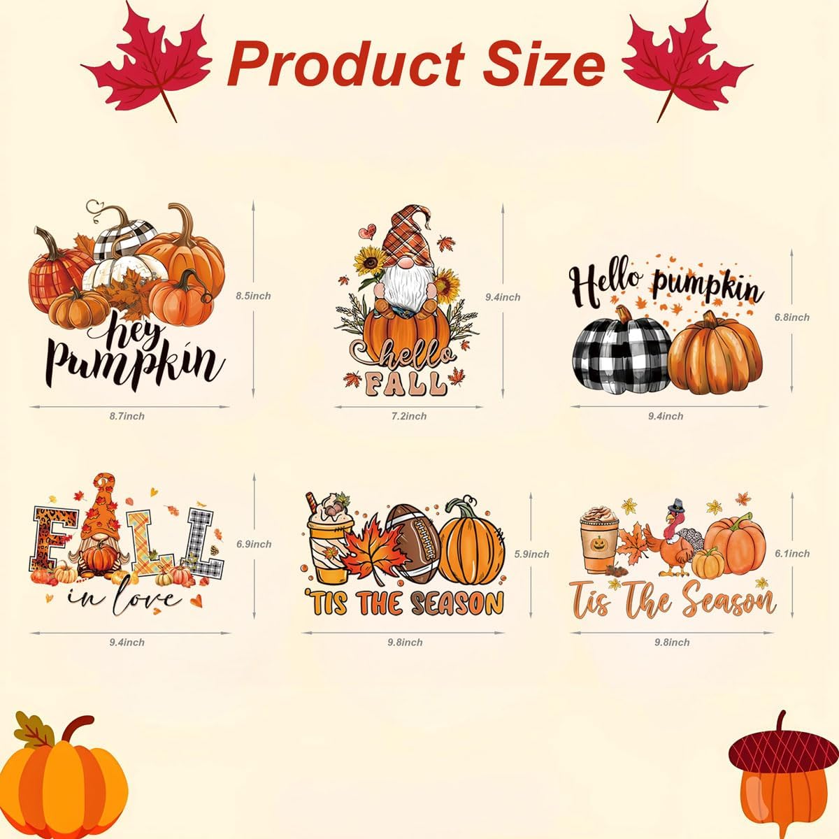 6 Pcs Thanksgiving Iron On Transfers Fall Cute Iron On Vinyl Pumpkin Turkey Thanksgiving Iron On Transfers for T Shirts, Clothing, Backpack, Apron DIY Decorations