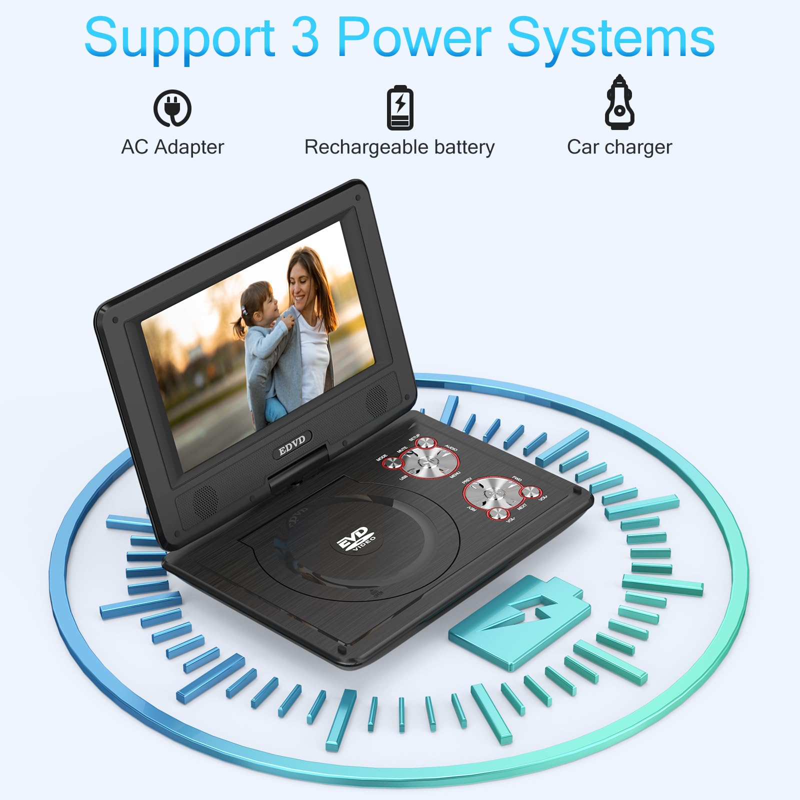 SQQBZZ Lettore DVD portatile da 11,5 pollici con schermo girevole da 9,5 pollici, batteria ricaricabile 5 ore, lettore DVD per auto, compatibile con CD/DVD/scheda SD/USB