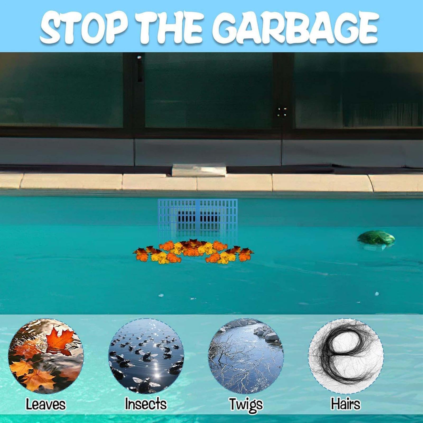 Kit per skimmer per piscina, facile da montare, blocca detriti per stagni esterni interrati, vasche da bagno e giochi d'acqua, rimuove foglie, rami e immondizia