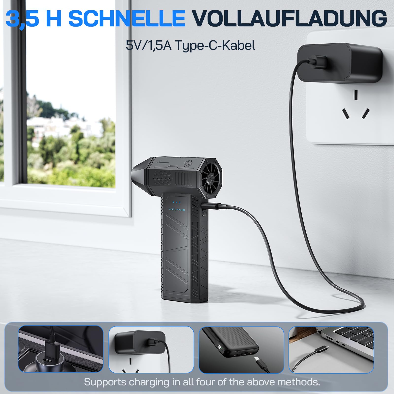WOLFANG Electric Air Duster-110000RPM Super Power Cordless Air Duster, 3-Gang Mini-Gebläse Elektrische Staubgebläse mit Akku Ultraleise Druckluft für Computer, Tastatur, Haus, Outdoor und Auto