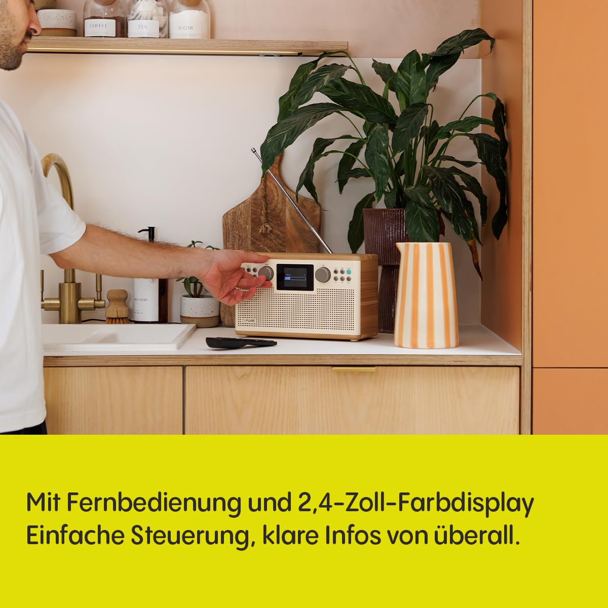 Pure Classic H6 Hi‑Fi Stereo‑Radio und Tisch‑Musikanlage mit DAB+ UKW Bluetooth 5.3 USB‑A & AUX 2,4" Farb‑TFT Fernbedienung Dual‑Wecker Schlaf‑ & Küchen‑Timer 2×15 W 80 Speicher – Baumwollweiß/Eiche
